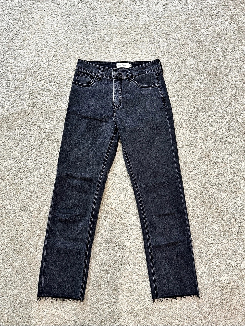 🔹 Easy Clothes Size 38 Charcoal Black High Rise Straight Leg Raw Hem Jeans - Picture 2 of 7